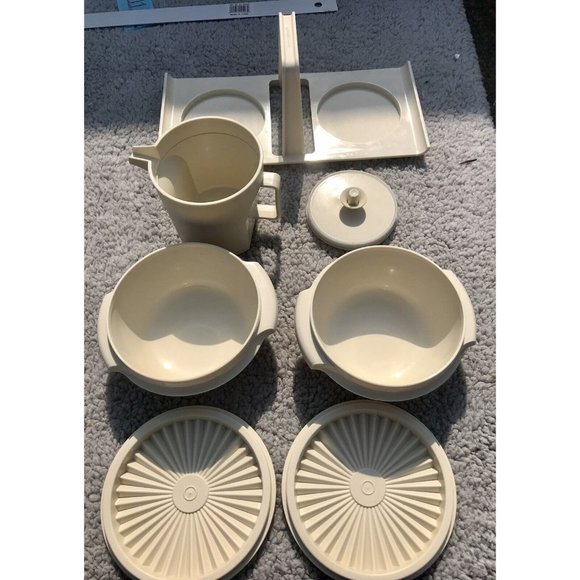 Vtg 80s Tupperware Condiment Servalier Caddy Bowls Lids Storage Pitcher HTF Set - Picture 5 of 15